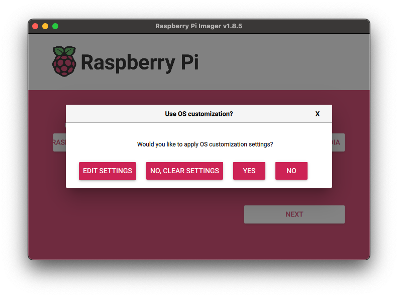 Raspberry Pi Imager confirming settings
