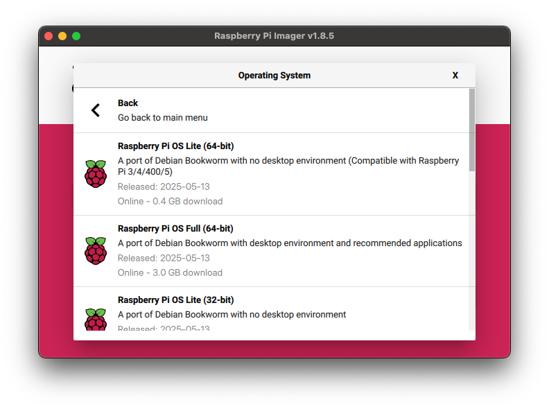 Choosing the OS in Raspberry Pi Imager